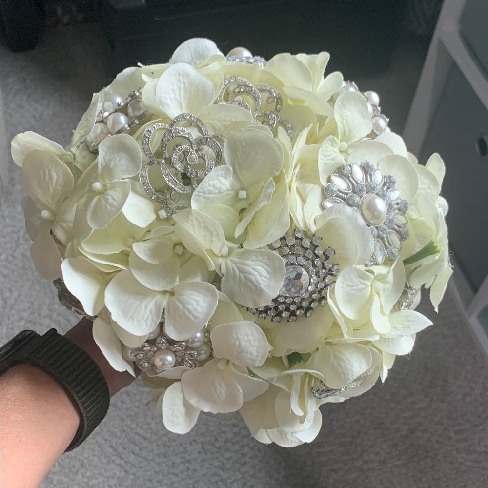 Handmade brooch, wedding bouquet, ivory, and rhinestones and pearls